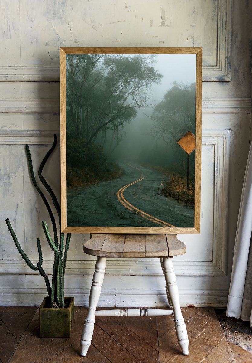 Misty Forest Road Photography Poster. room preview