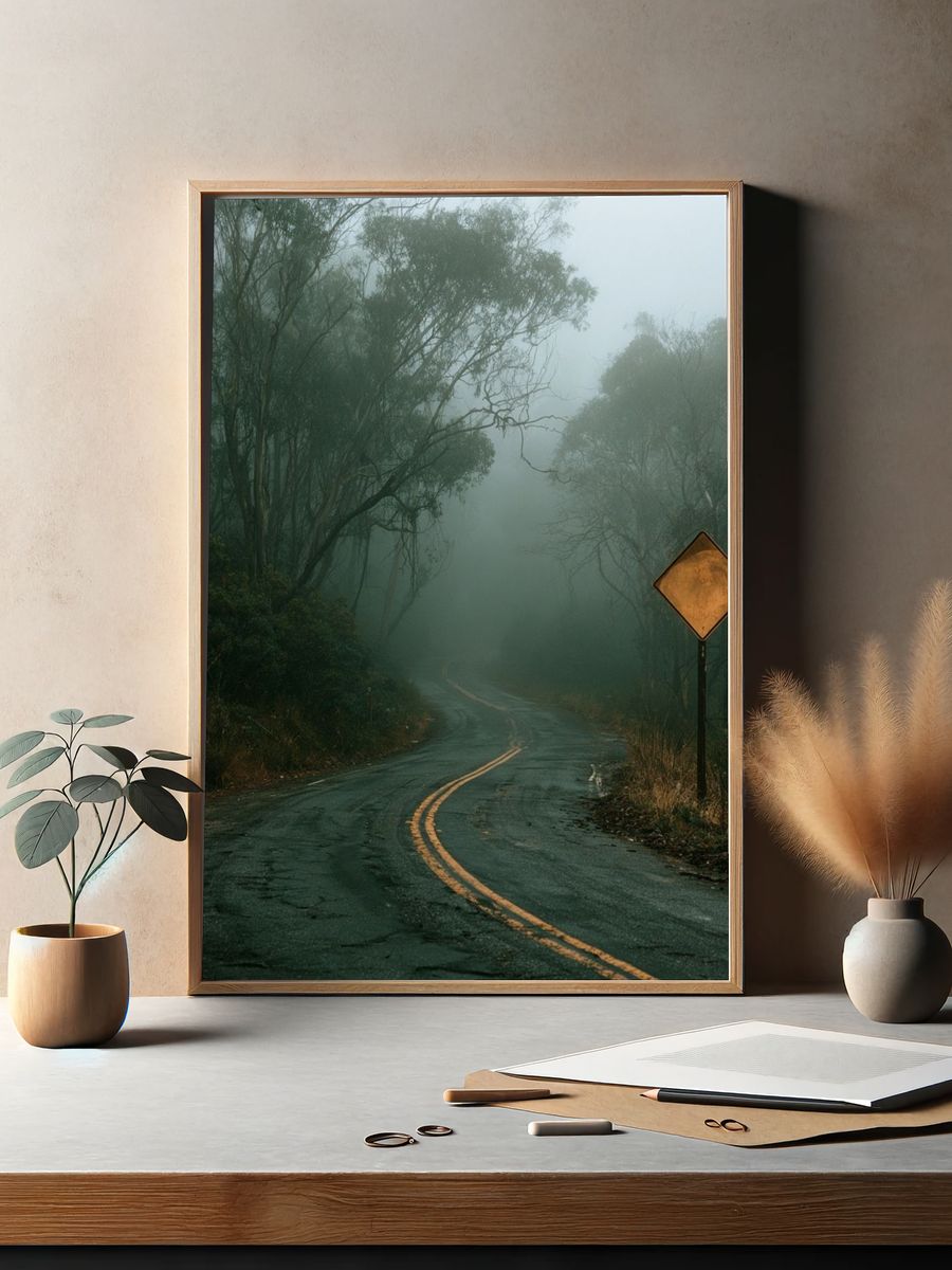 Misty Forest Road Photography Poster. — room view 2
