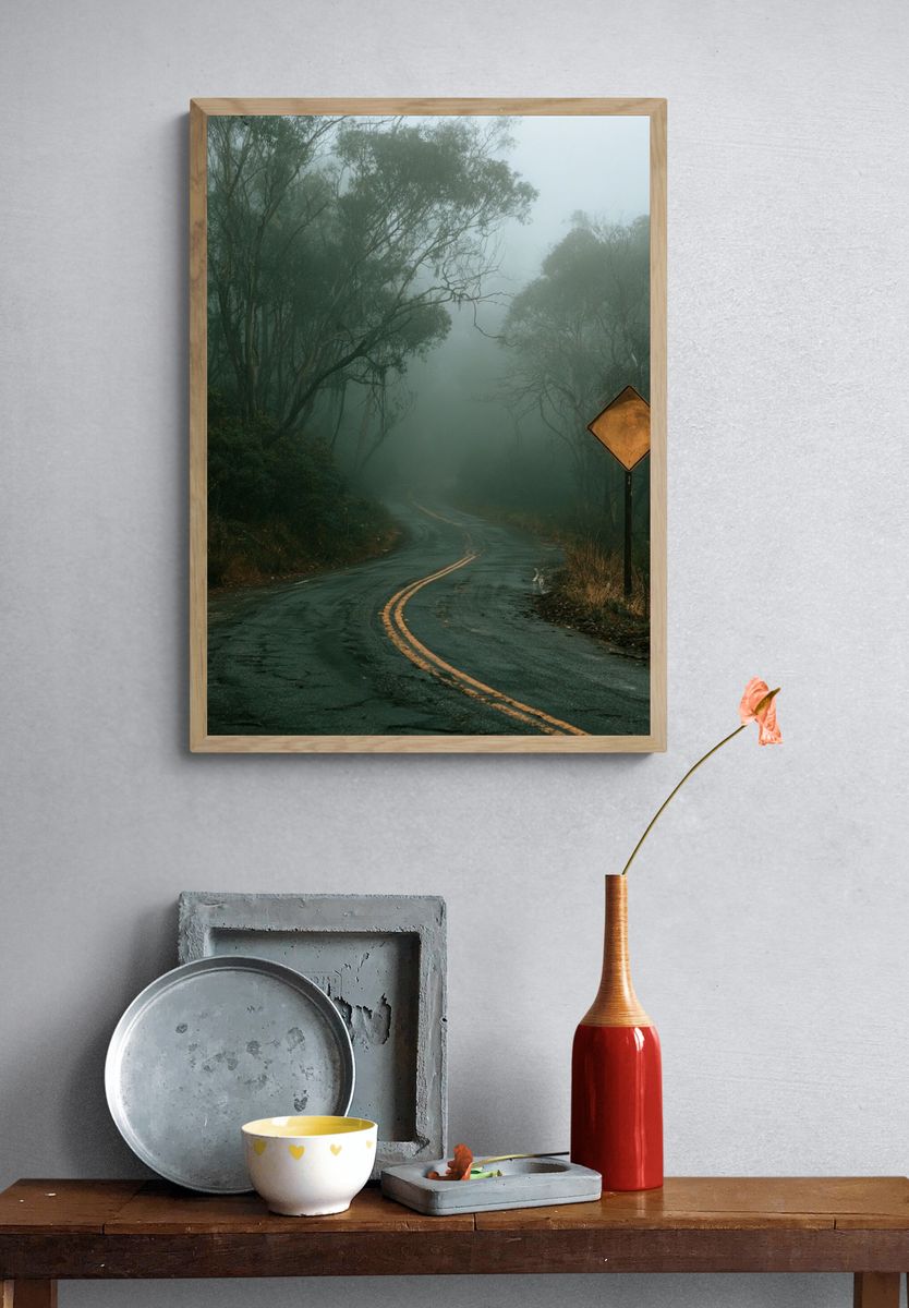 Misty Forest Road Photography Poster. — room view 3