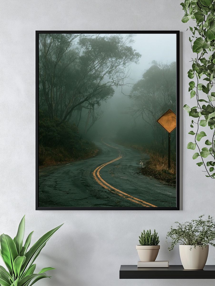 Misty Forest Road Photography Poster. — room view 4