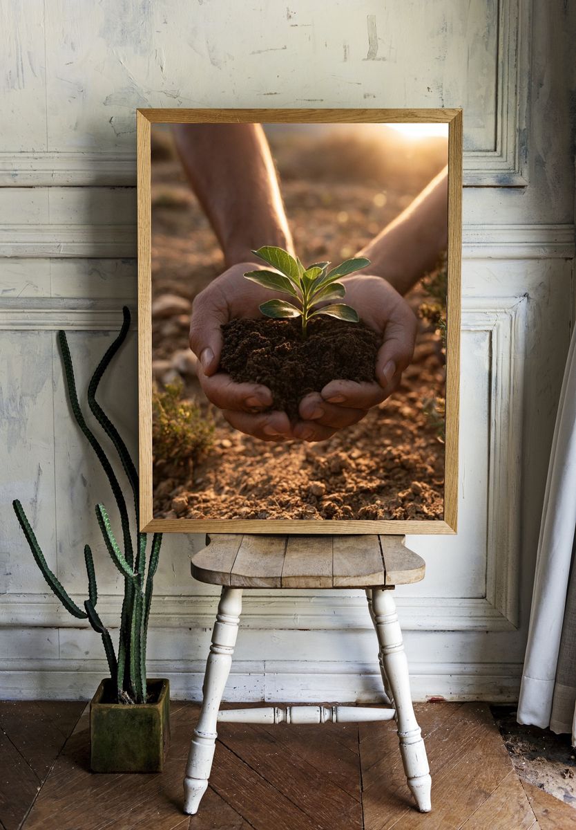 Hands Holding Seedling Photography Poster. — room view 1