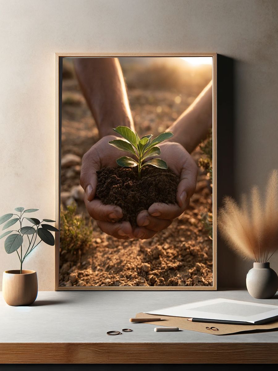 Hands Holding Seedling Photography Poster. — room view 2