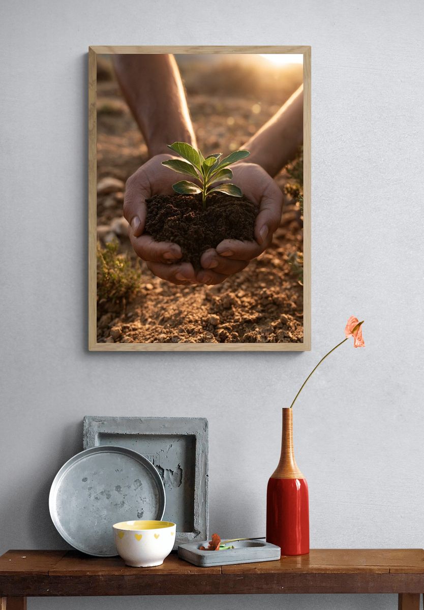 Hands Holding Seedling Photography Poster. — room view 3