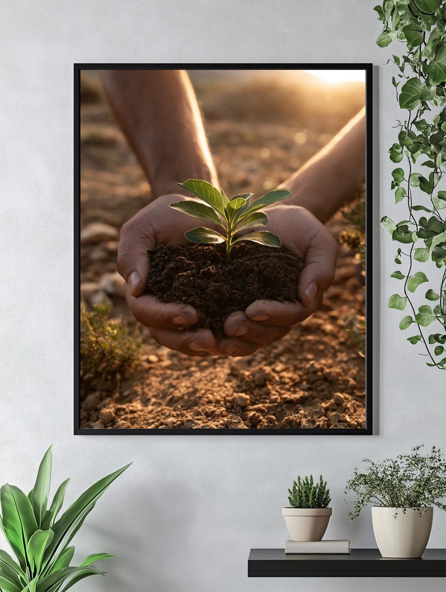 Hands Holding Seedling Photography Poster. — room view 4