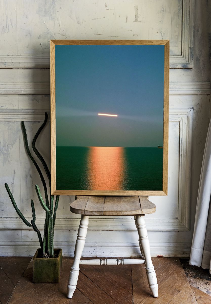 Moonlit Sea Horizon Photography Poster. — room view 1