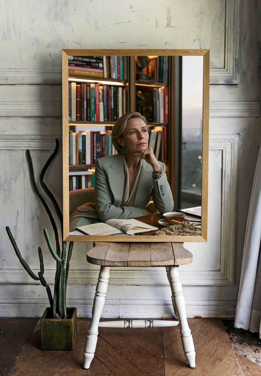 Elegant Woman in Library Photography Poster. — room view 1