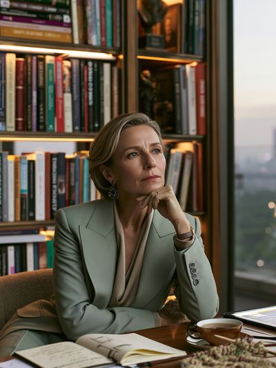 Elegant Woman in Library Photography Poster. poster