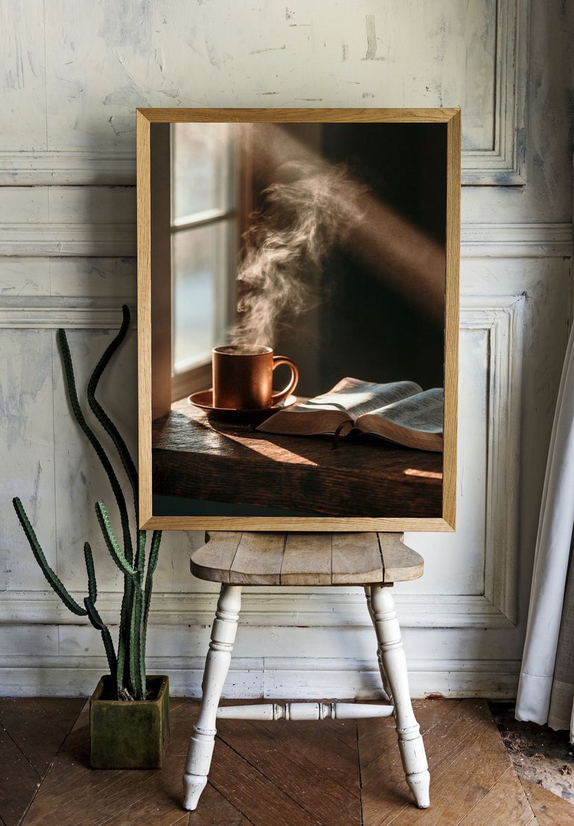Steaming Coffee and Open Book Photography Poster. room preview
