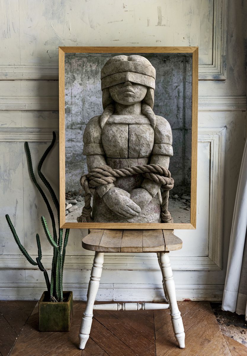 Blindfolded Stone Figure Photography Poster. — room view 1