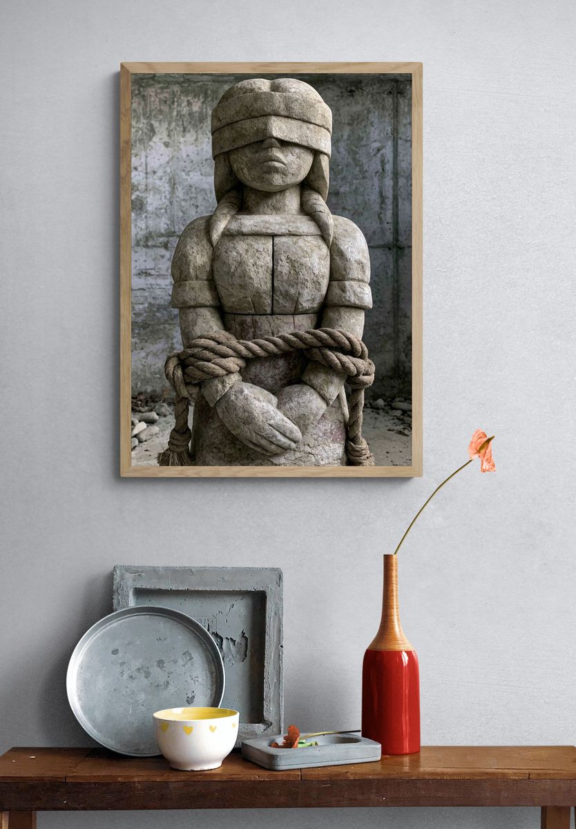 Blindfolded Stone Figure Photography Poster. — room view 3