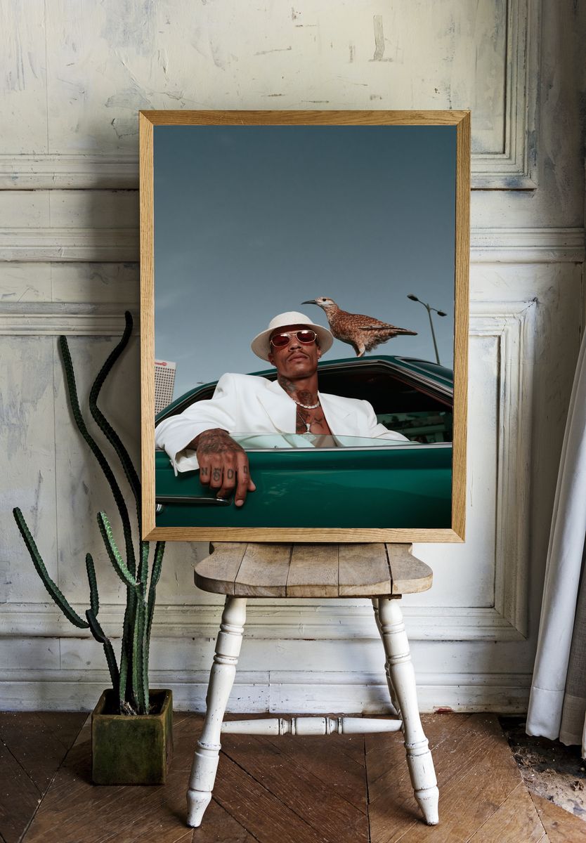 Stylish Portrait with Bird Photography Poster. — room view 1