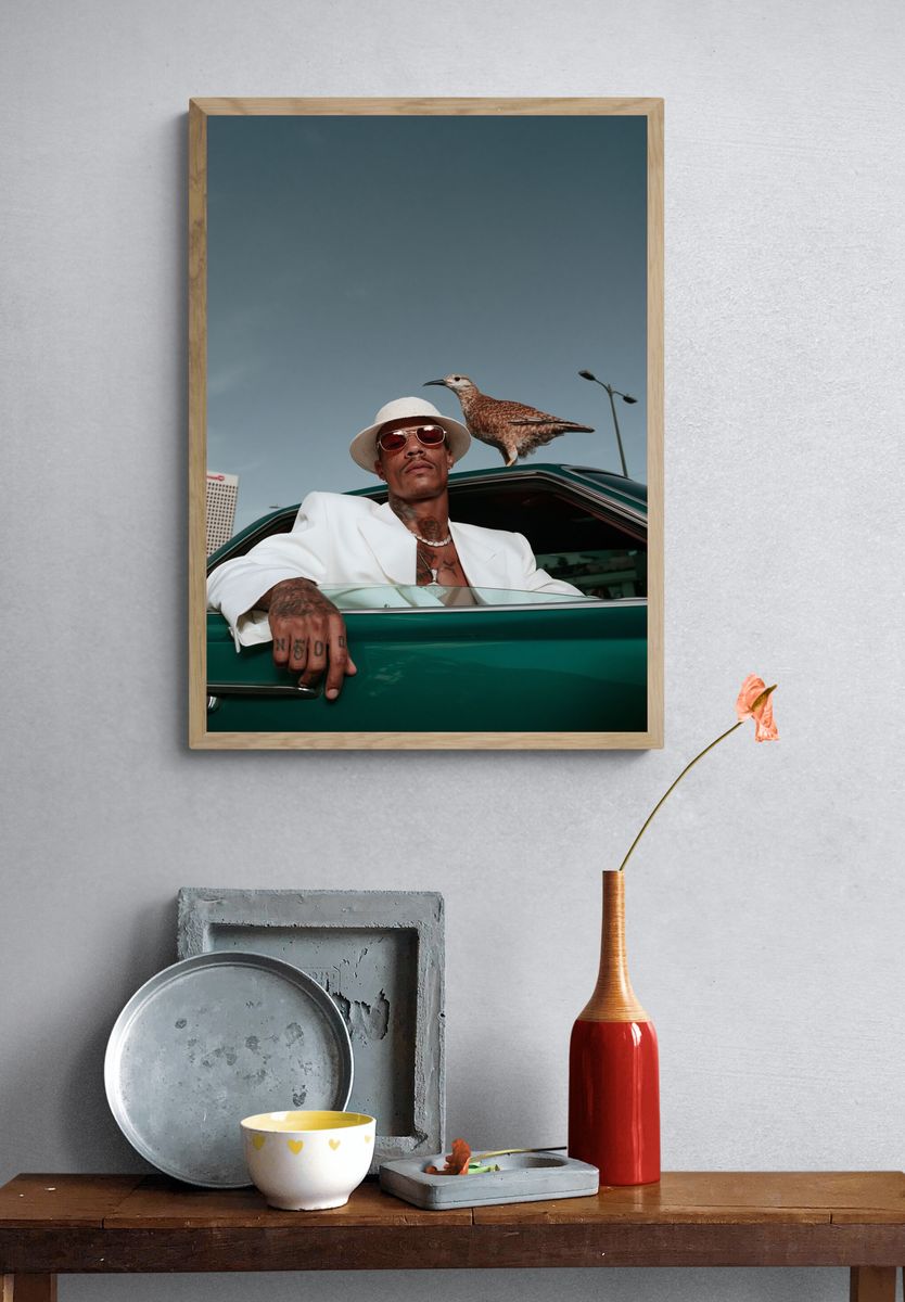 Stylish Portrait with Bird Photography Poster. — room view 3