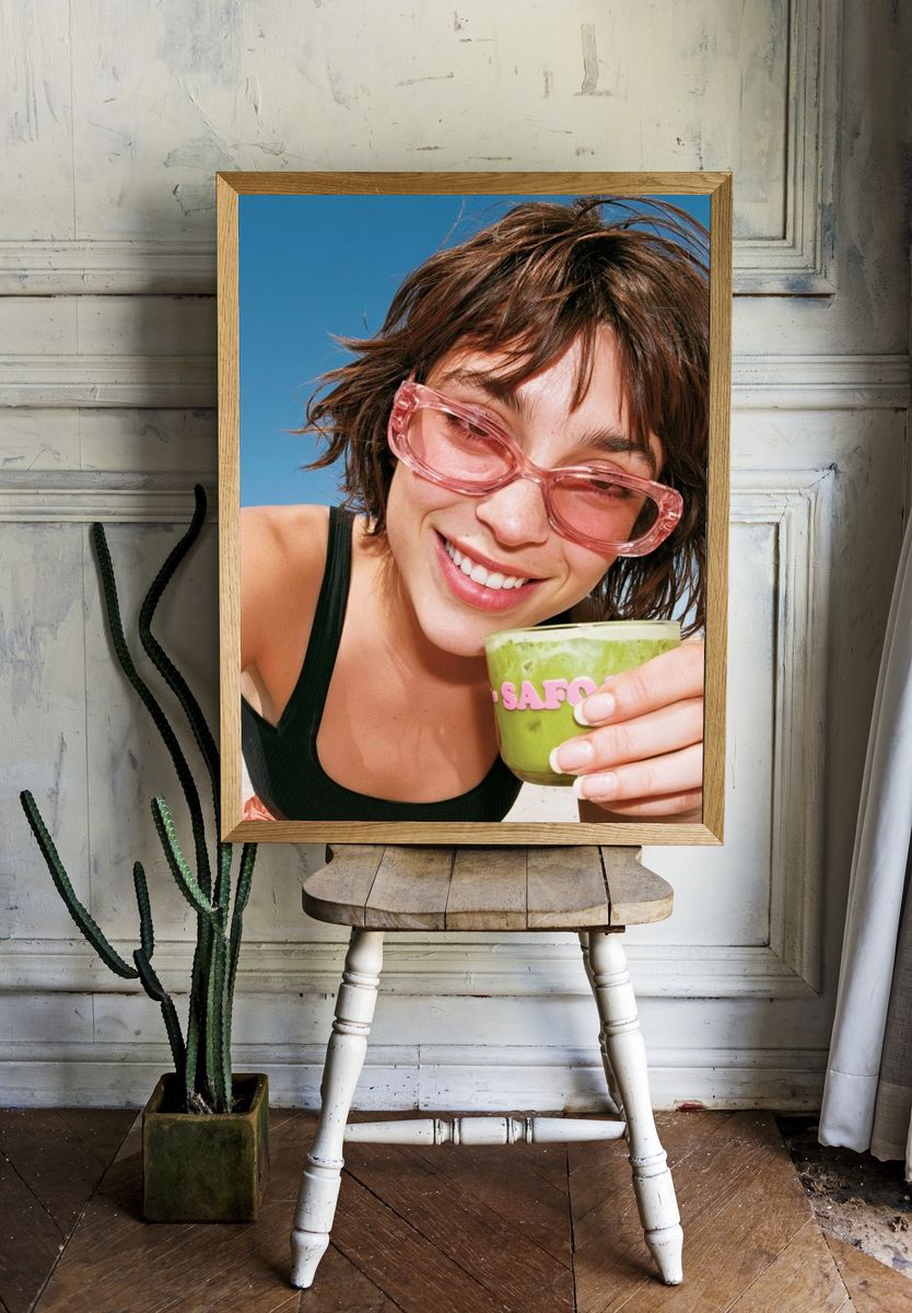 Smiling Woman with Matcha Portrait Poster. — room view 1