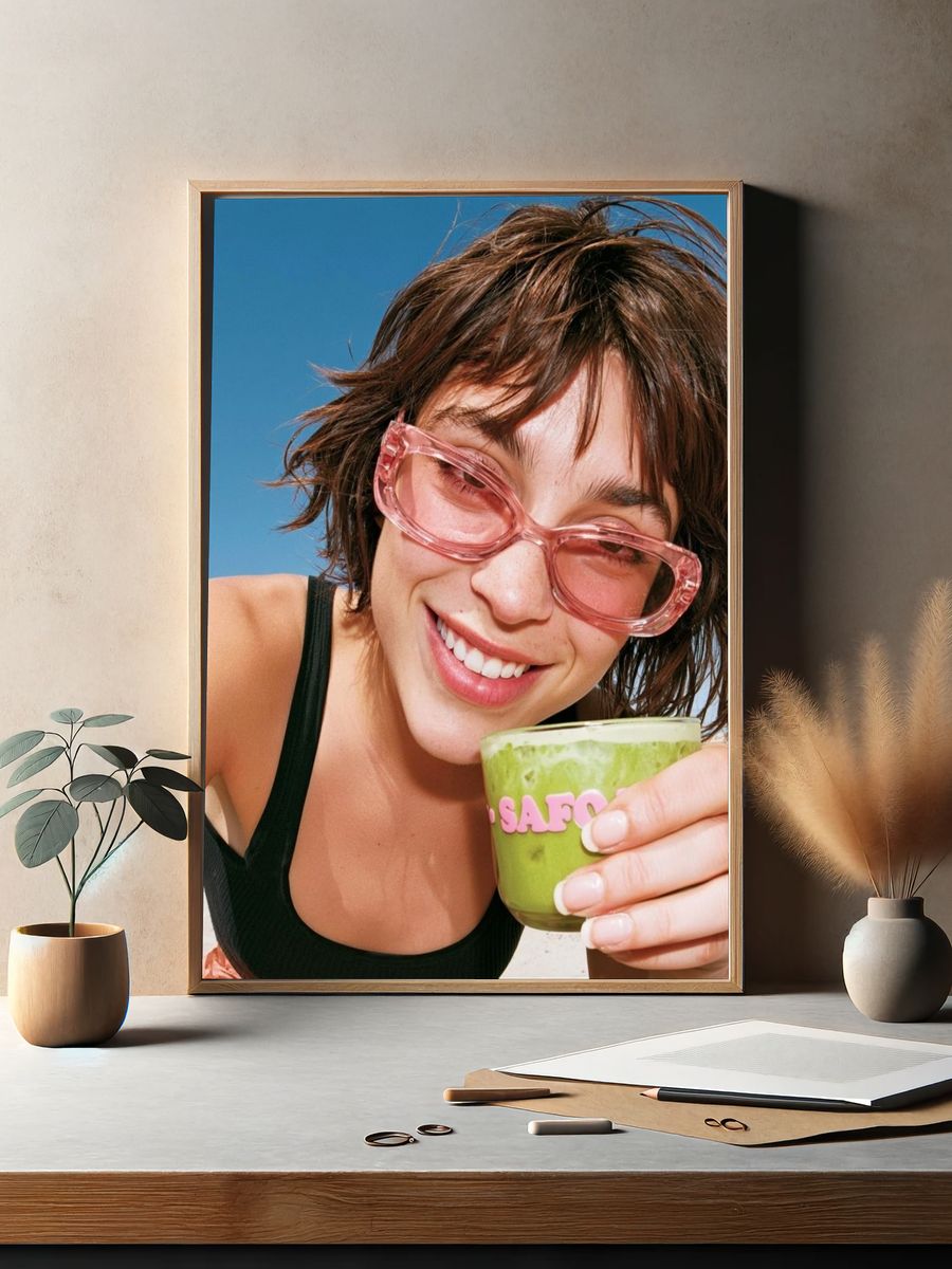 Smiling Woman with Matcha Portrait Poster. — room view 2