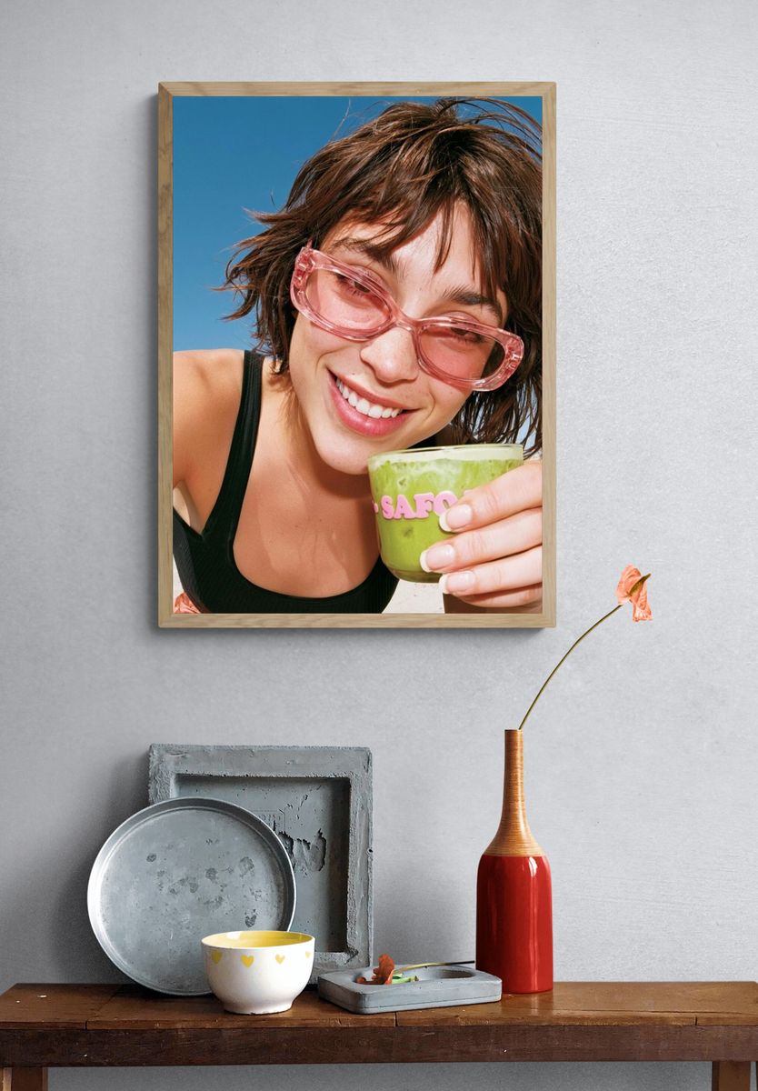 Smiling Woman with Matcha Portrait Poster. — room view 3
