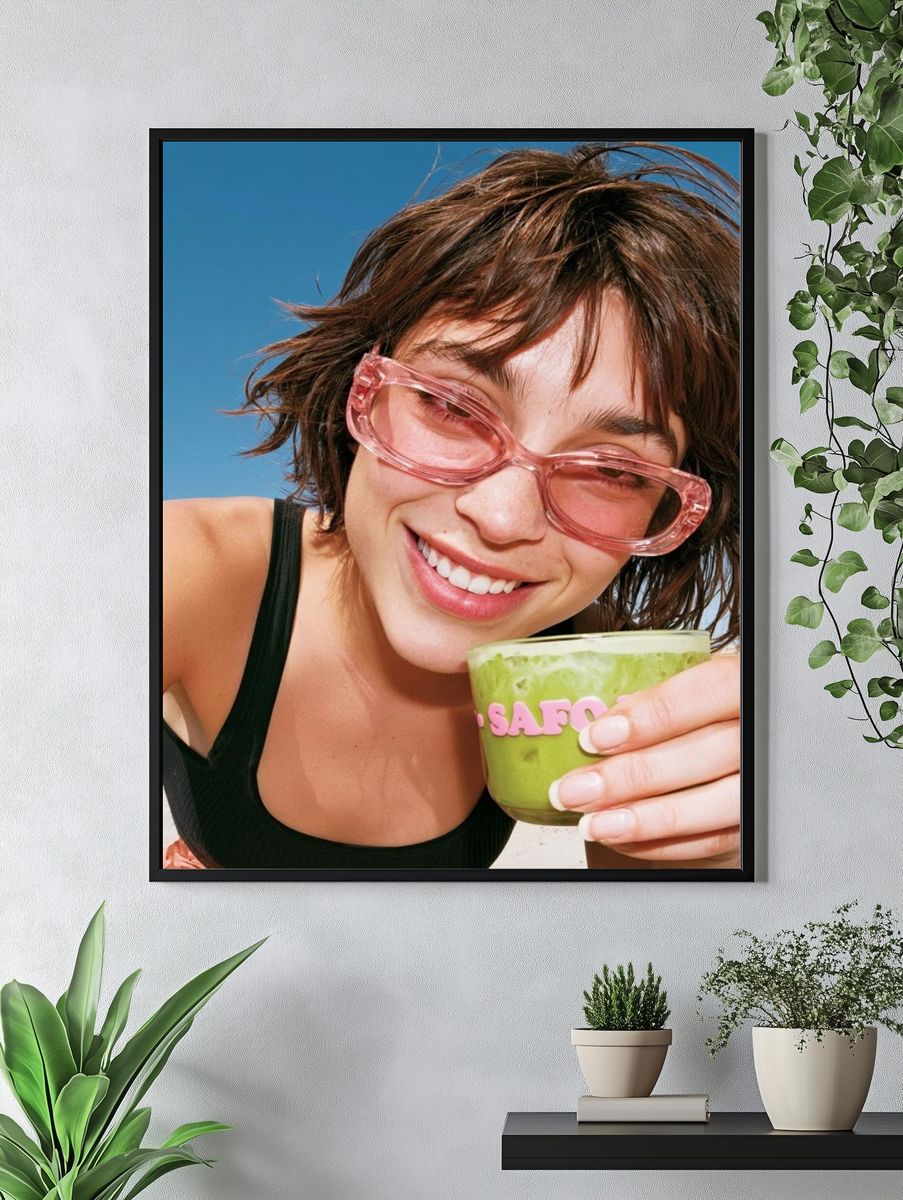 Smiling Woman with Matcha Portrait Poster. — room view 4
