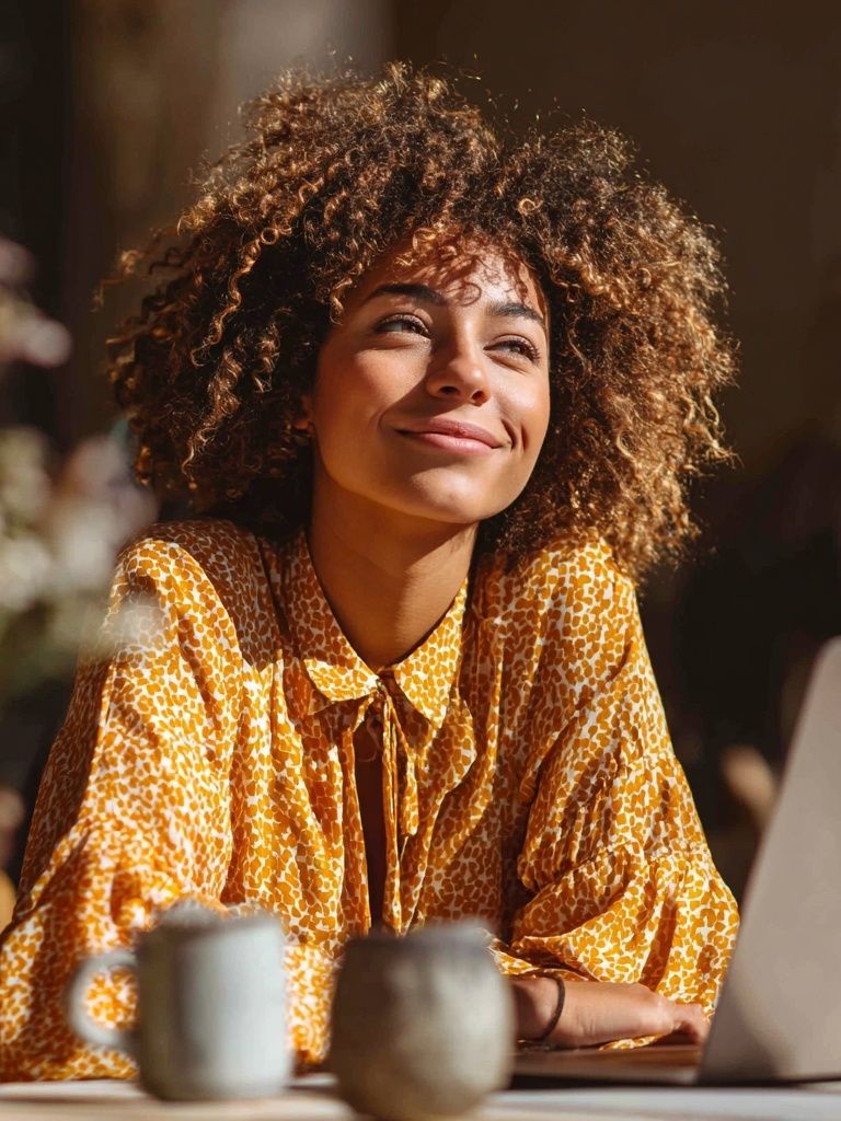 Joyful Woman in Cafe — Photography Print. poster detail