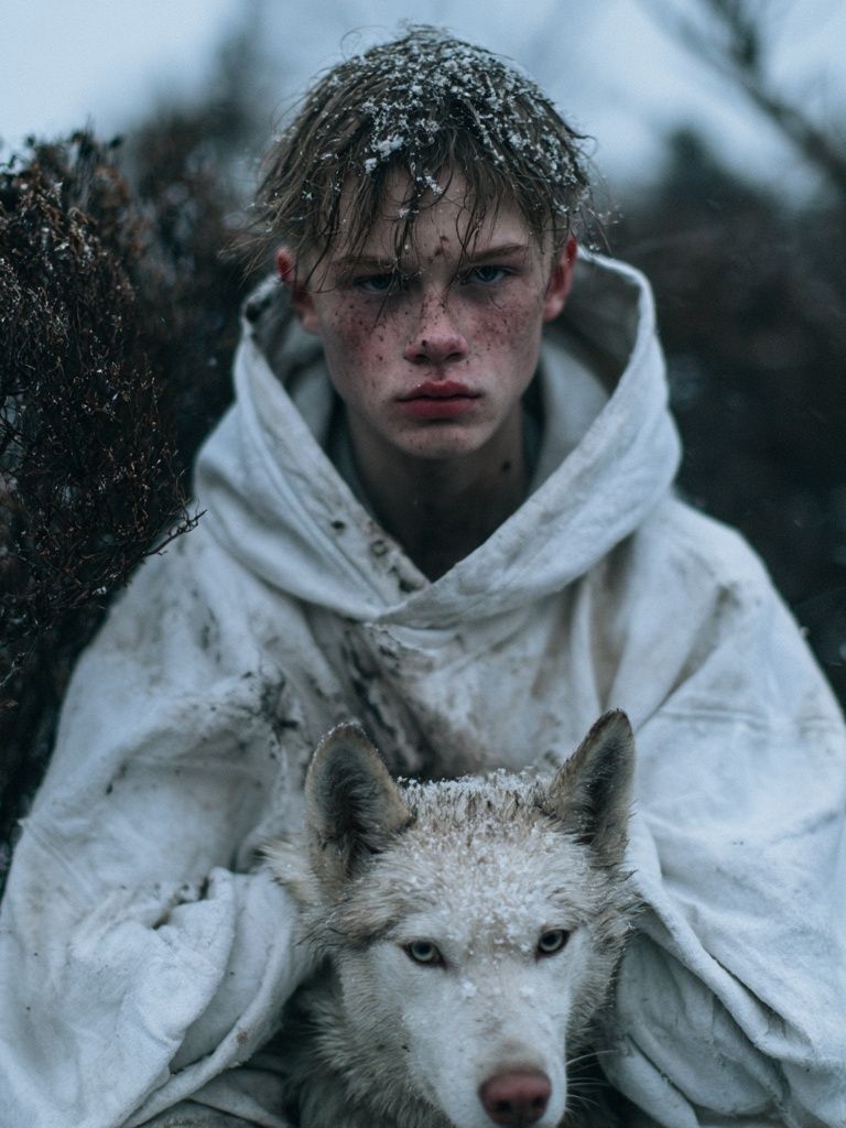 Snowy Boy and Wolf Portrait Poster. poster — photography art