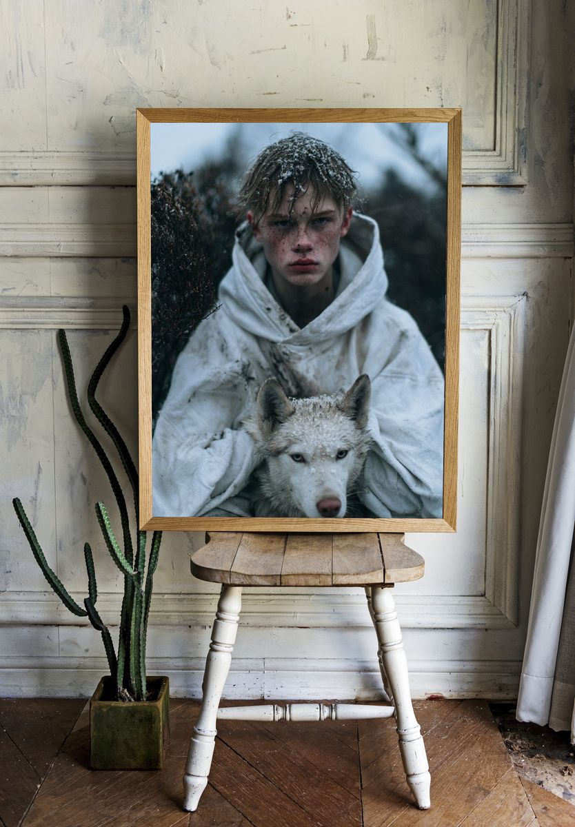 Snowy Boy and Wolf Portrait Poster. — room view 1