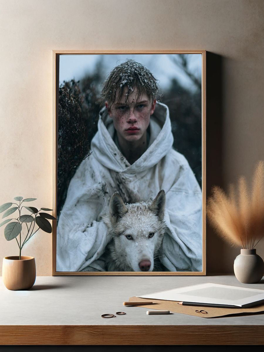 Snowy Boy and Wolf Portrait Poster. — room view 2