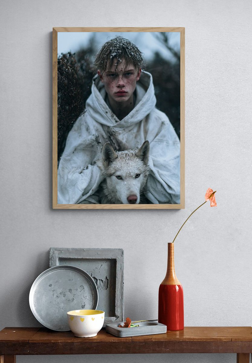 Snowy Boy and Wolf Portrait Poster. — room view 3