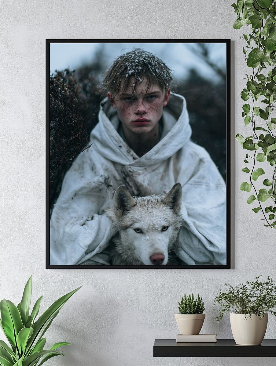 Snowy Boy and Wolf Portrait Poster. — room view 4