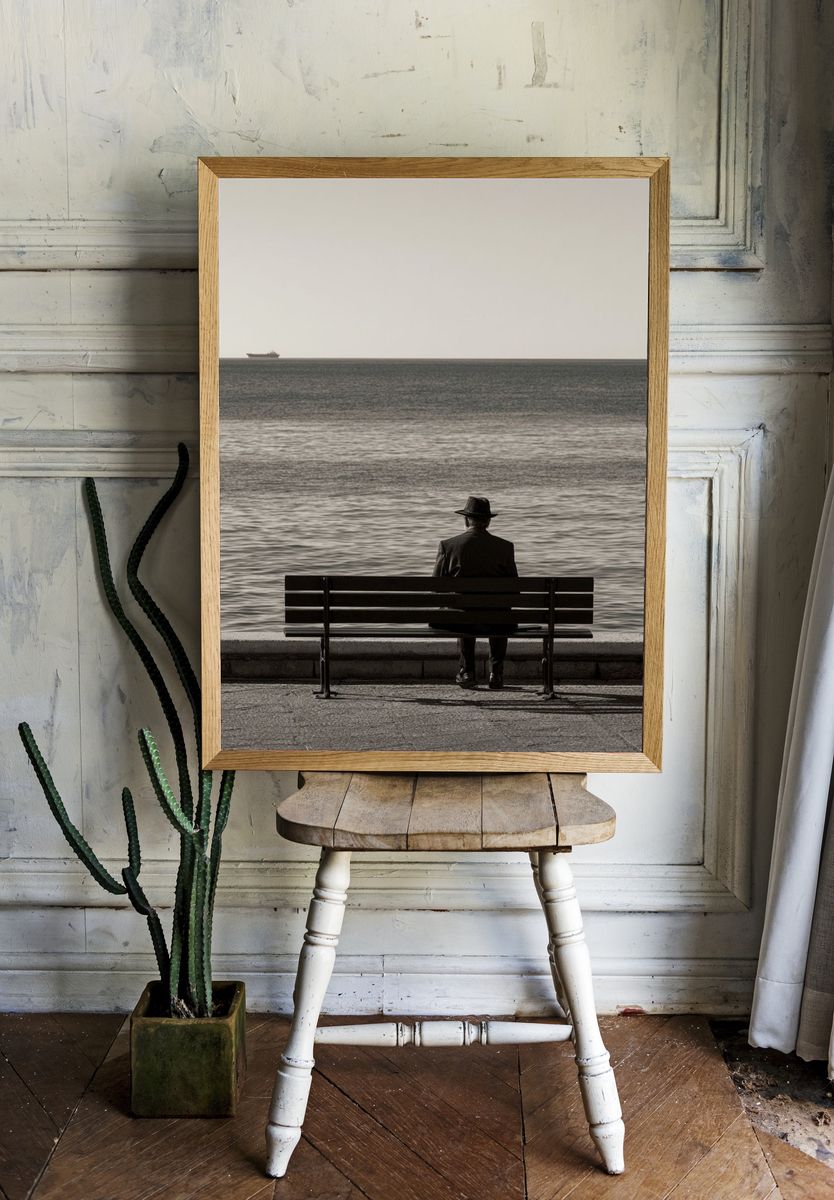Solitary Seaside Bench Photography Poster. — room view 1