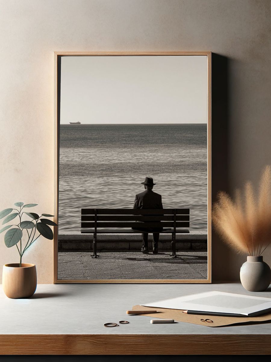 Solitary Seaside Bench Photography Poster. — room view 2