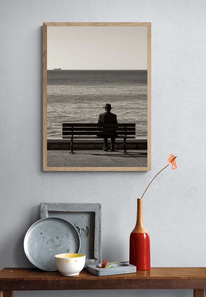 Solitary Seaside Bench Photography Poster. — room view 3