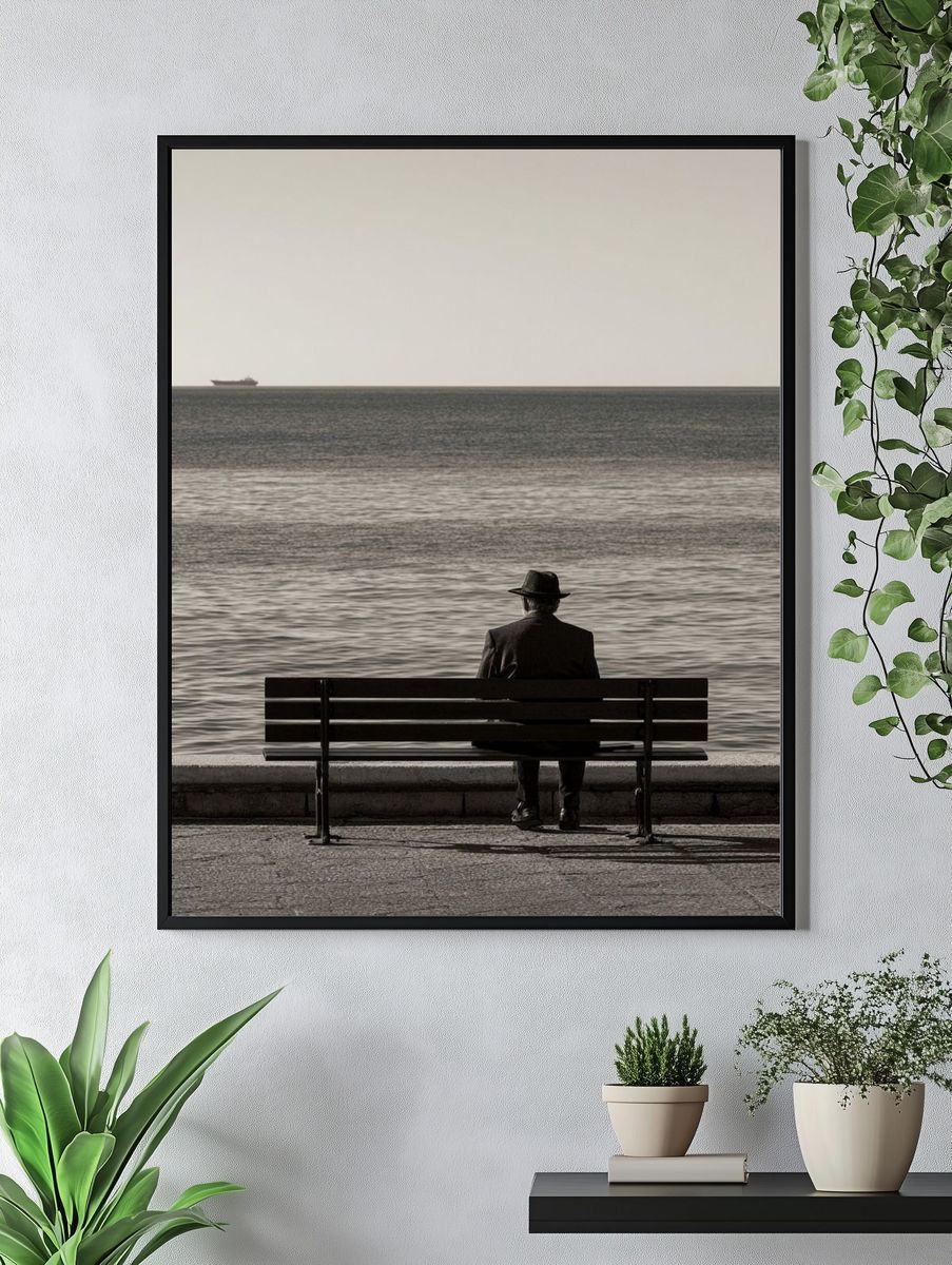 Solitary Seaside Bench Photography Poster. — room view 4