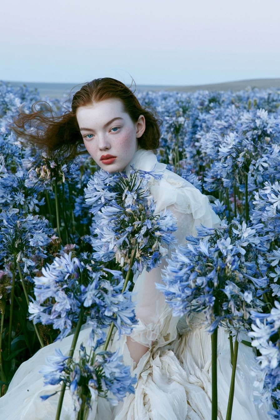 Blue Flower Field Portrait Print. poster detail