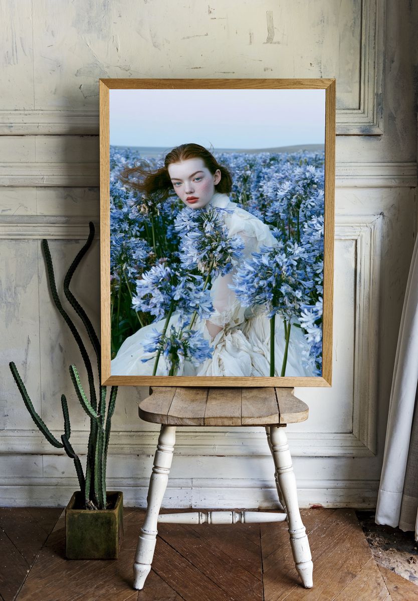 Blue Flower Field Portrait Print. — room view 1