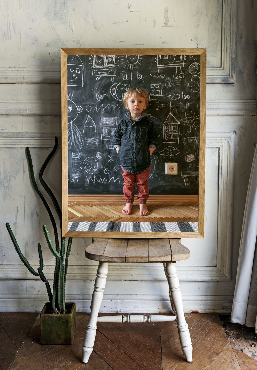 Child in Chalkboard Drawing Room Poster. room preview