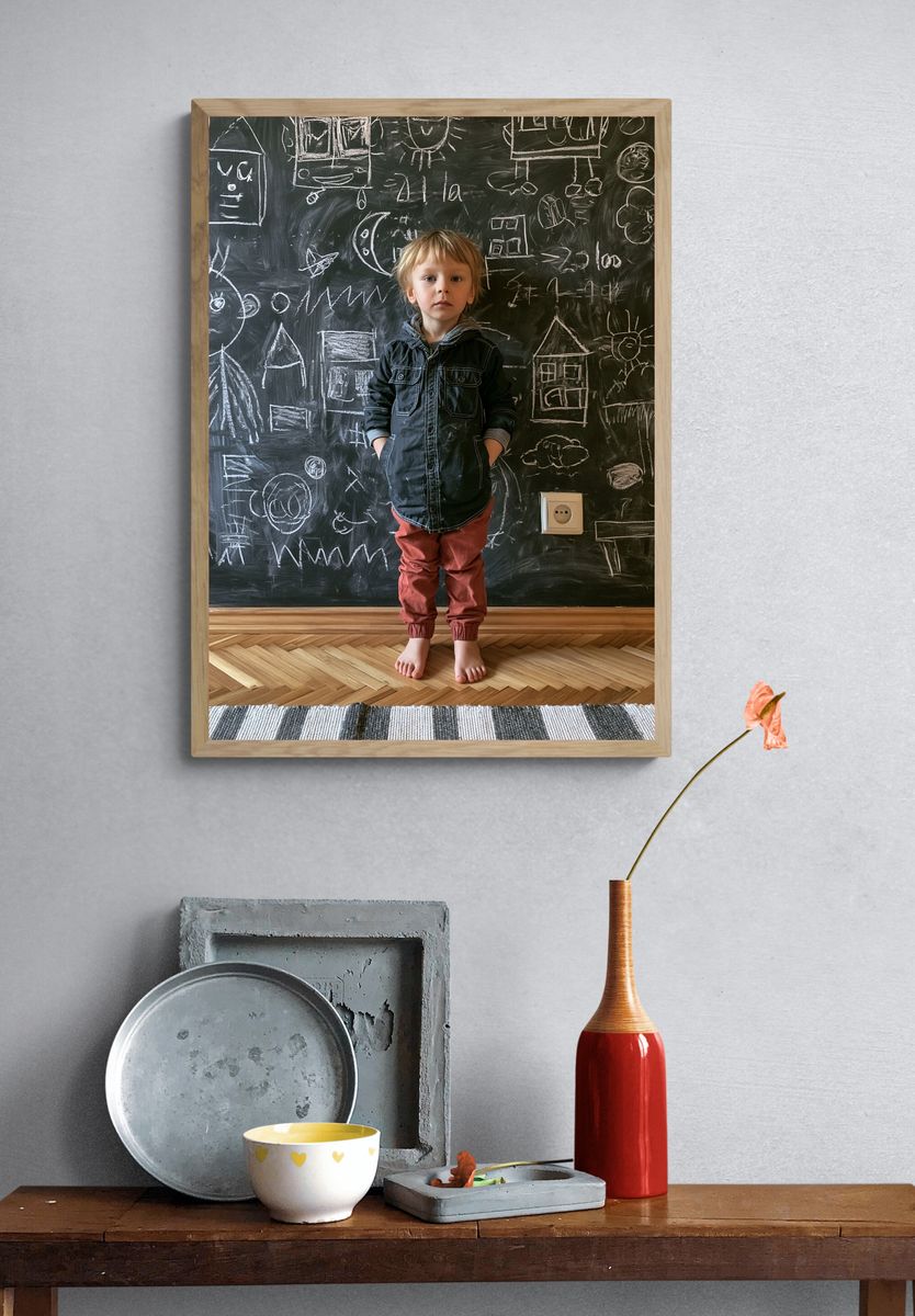 Child in Chalkboard Drawing Room Poster. — room view 3