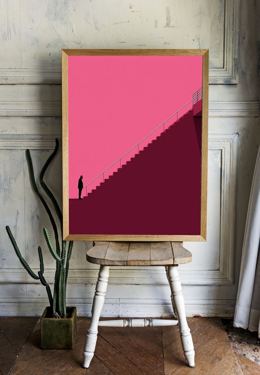 Pink Stairway Silhouette Photography Poster. room preview