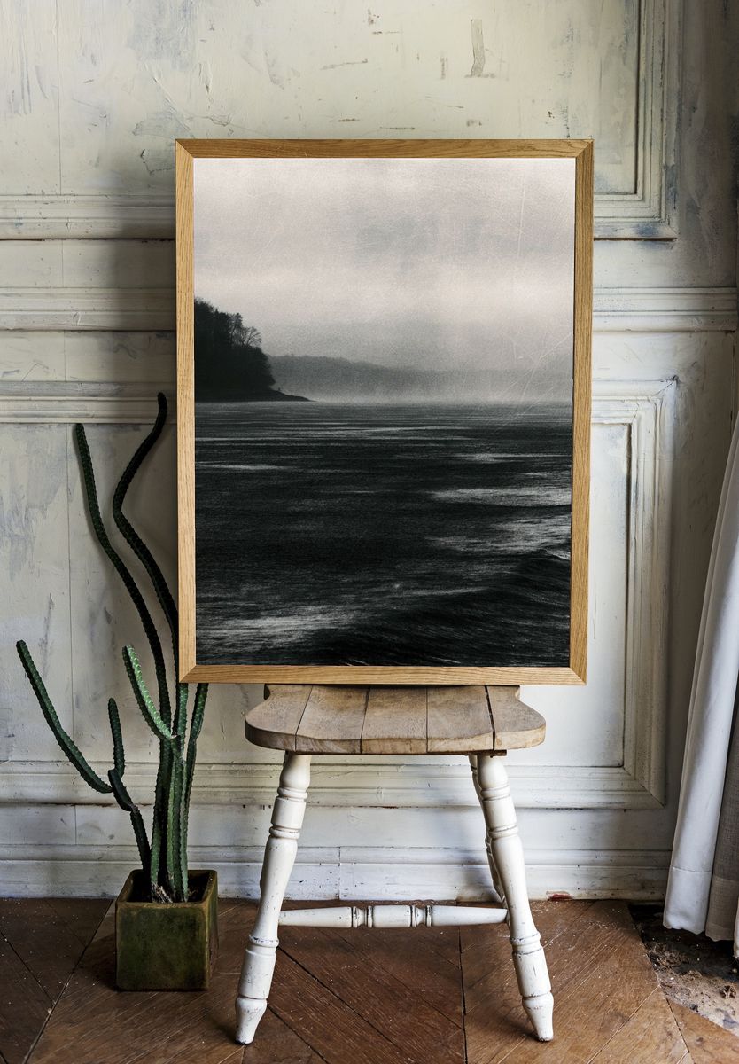 Misty Seascape Black-White Poster. room preview
