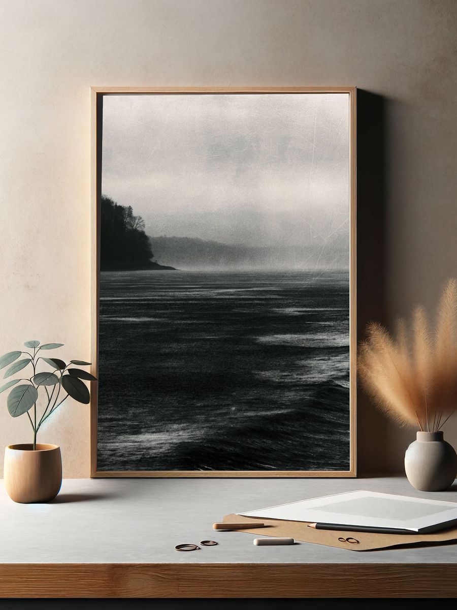 Misty Seascape Black-White Poster. — room view 2