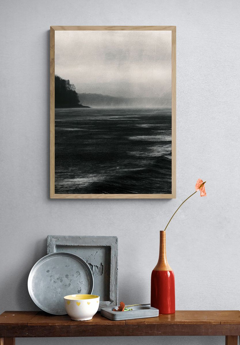 Misty Seascape Black-White Poster. — room view 3