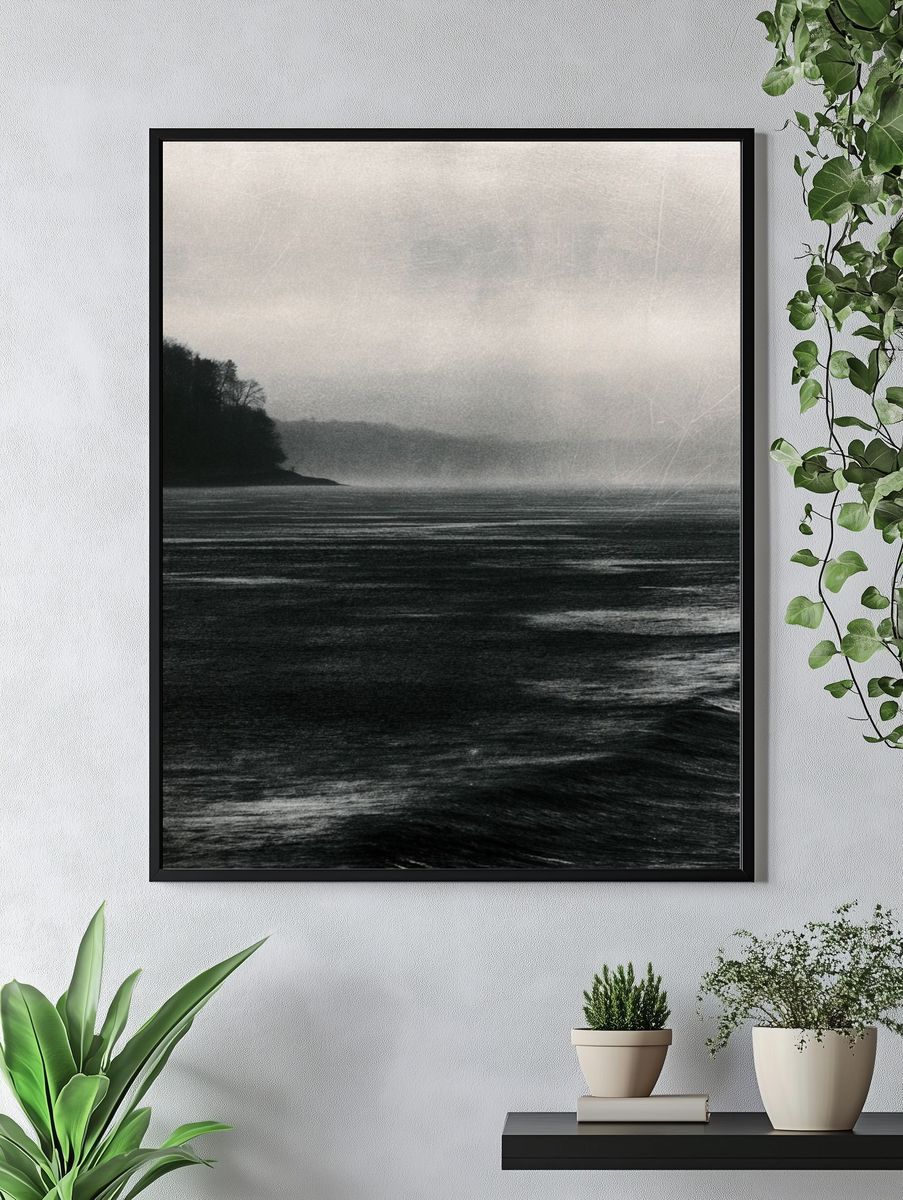 Misty Seascape Black-White Poster. — room view 4