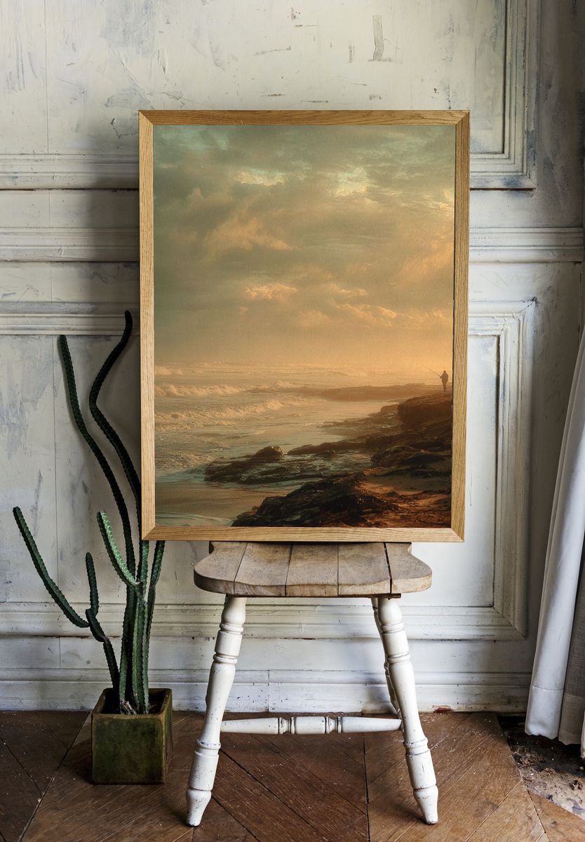 Misty Seaside Sunset Photography Poster. — room view 1