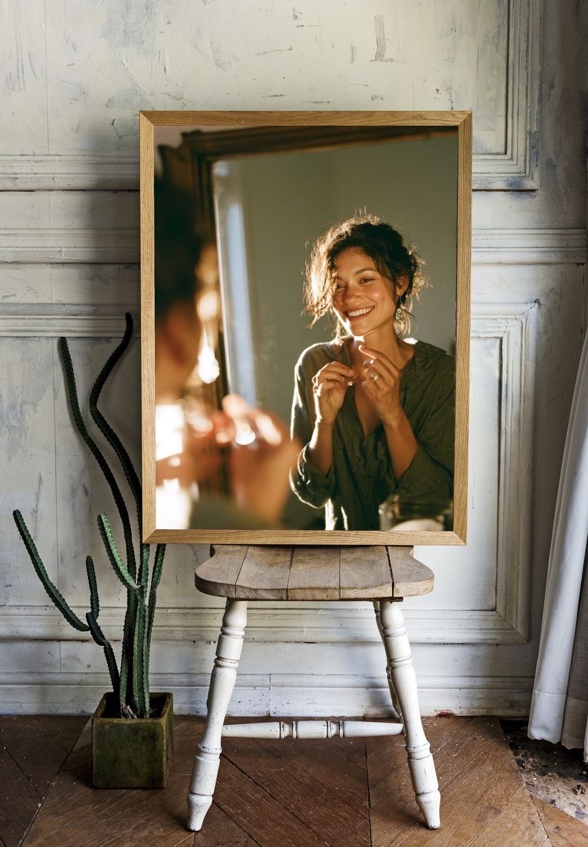 Smiling Woman in Mirror Photography Poster. — room view 1