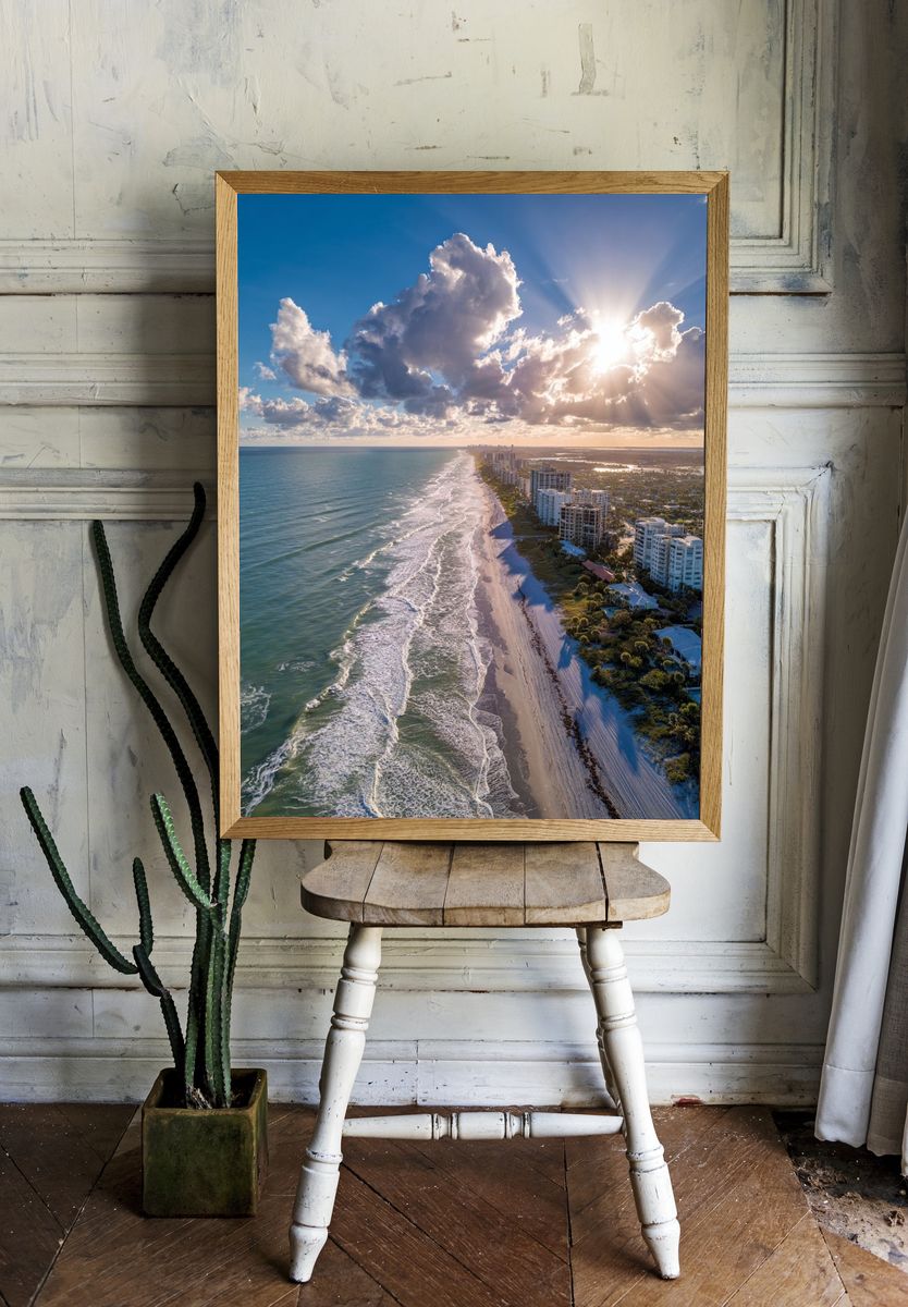 Sunlit Coastal Skyline Photography Poster. — room view 1