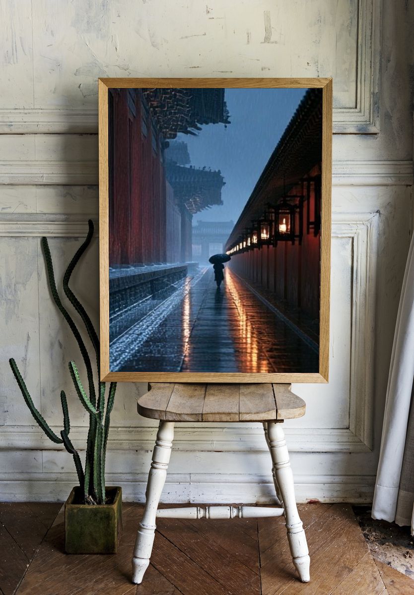 Rainy Temple Alley Photography Poster. room preview