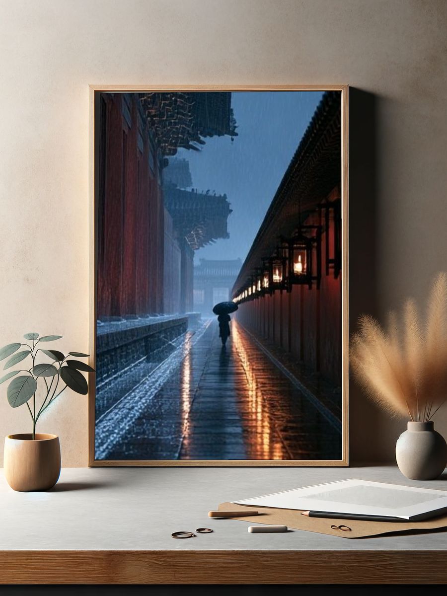 Rainy Temple Alley Photography Poster. — room view 2