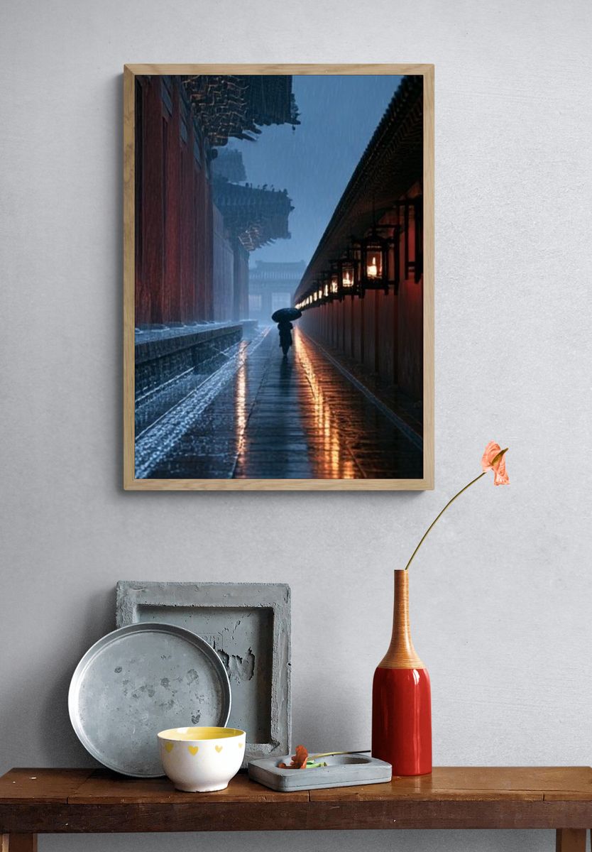 Rainy Temple Alley Photography Poster. — room view 3