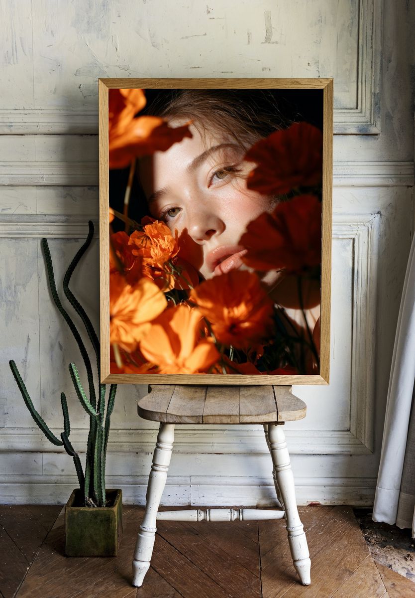 Orange Floral Portrait Poster. — room view 1