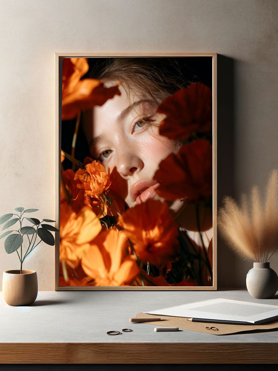 Orange Floral Portrait Poster. — room view 2