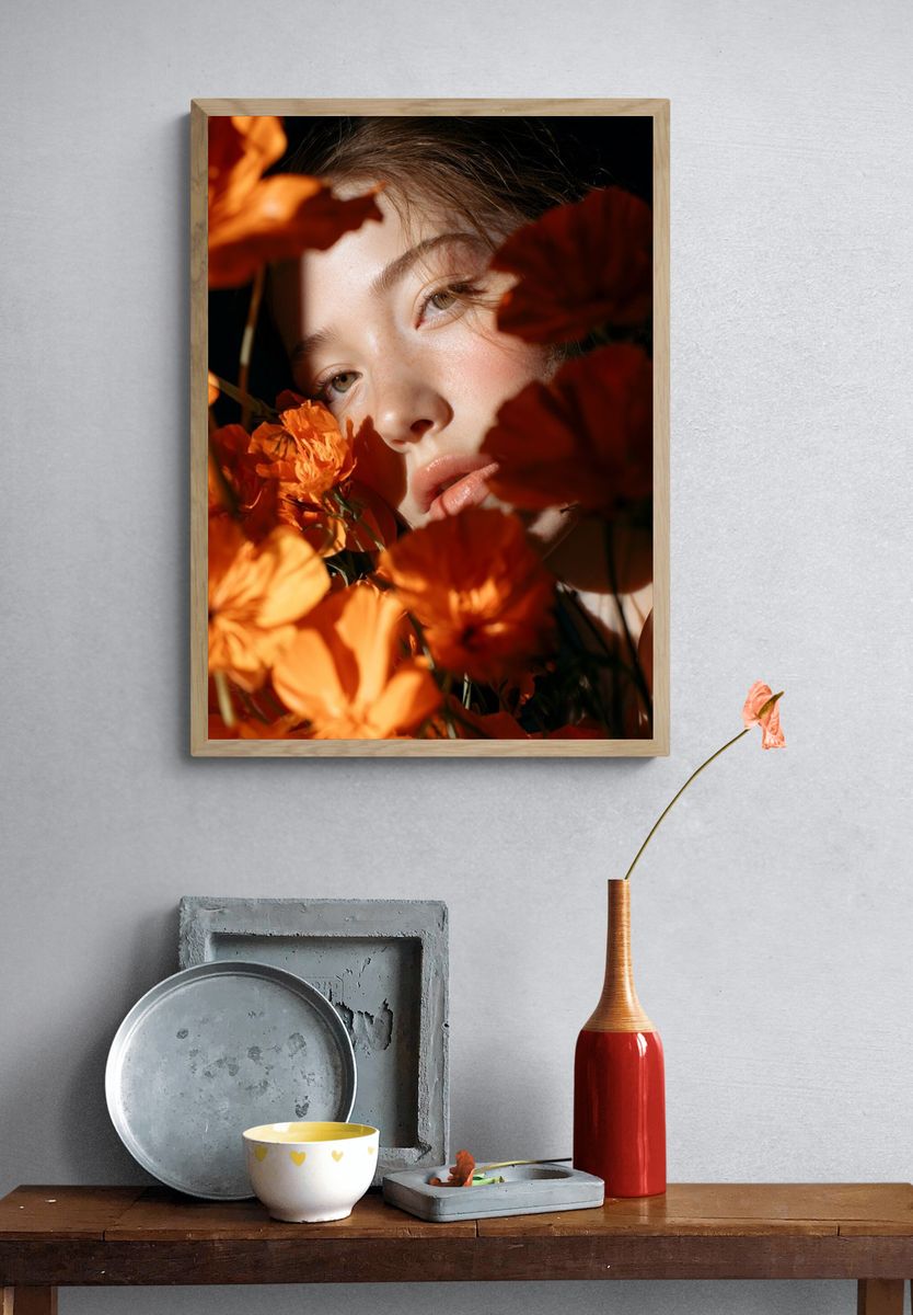 Orange Floral Portrait Poster. — room view 3