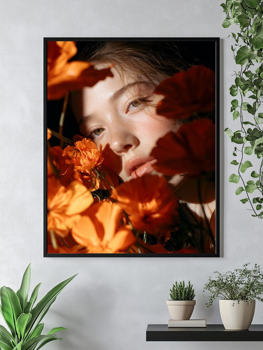 Orange Floral Portrait Poster. — room view 4