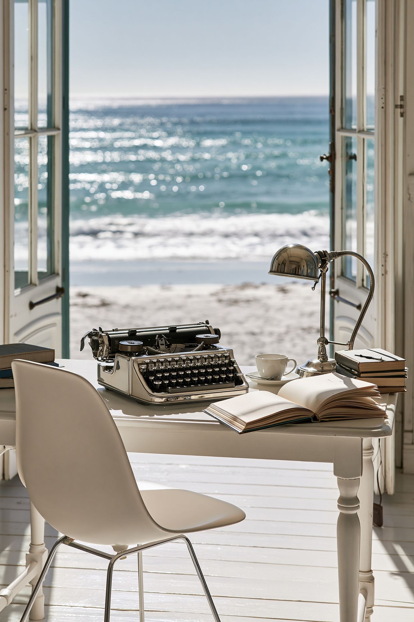Seaside Writing Desk Photography Poster. poster detail